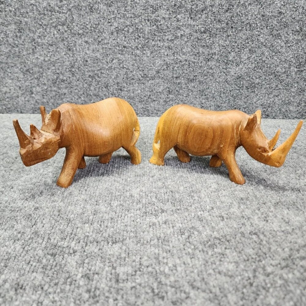 Lot 2 Wooden Rhinoceros FigurineCarved Blonde Wood Rhino Animal‎ African Safari